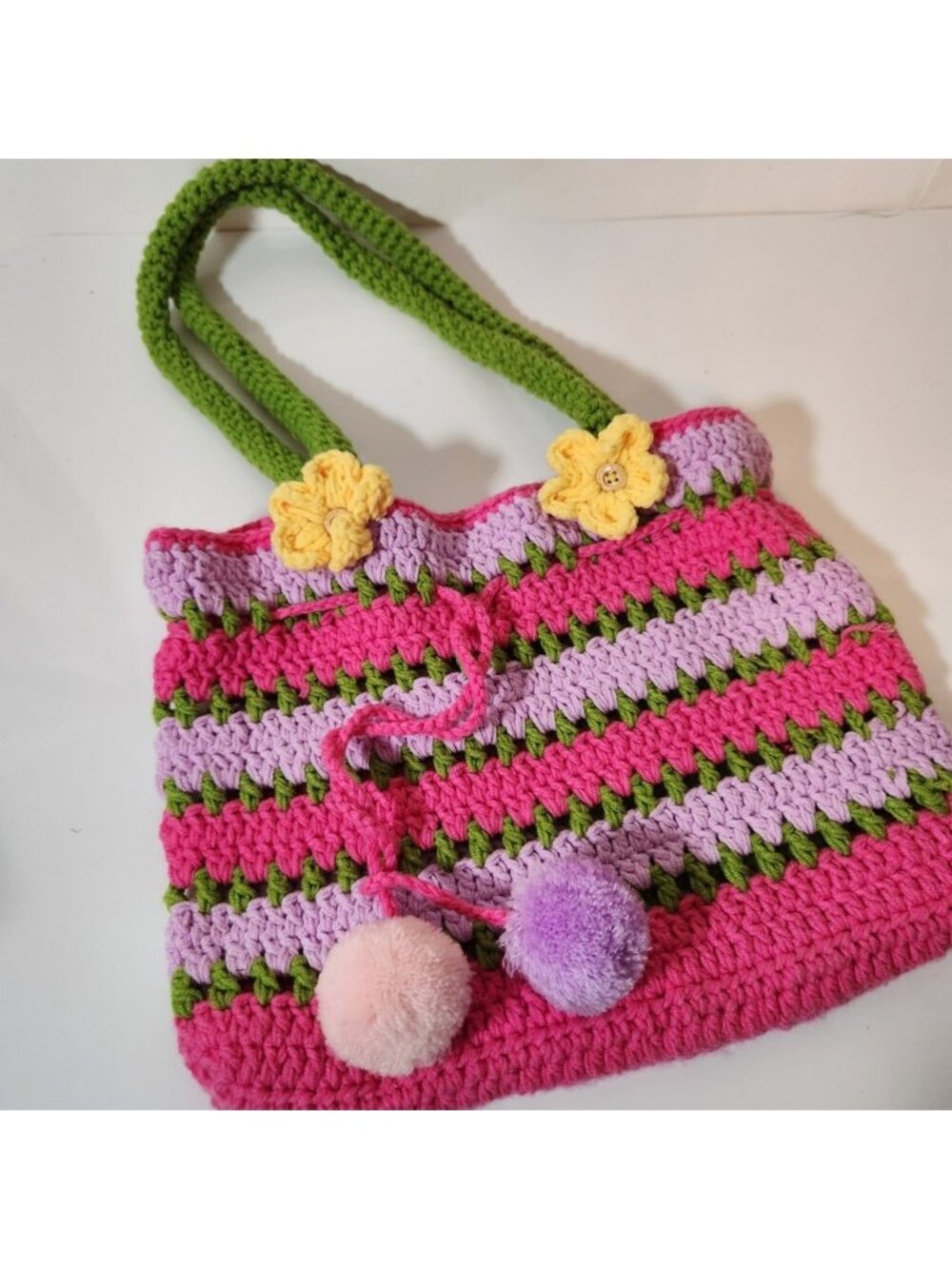 Handmade Crochet Tote Bag Pink Purple Green Striped Floral Pom Pom Drawstring